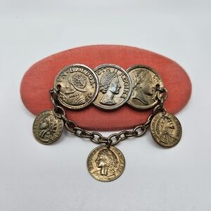 VINTAGE Gold Tone Coin Dangle Chain Pink Oval Hair Barrette Clip